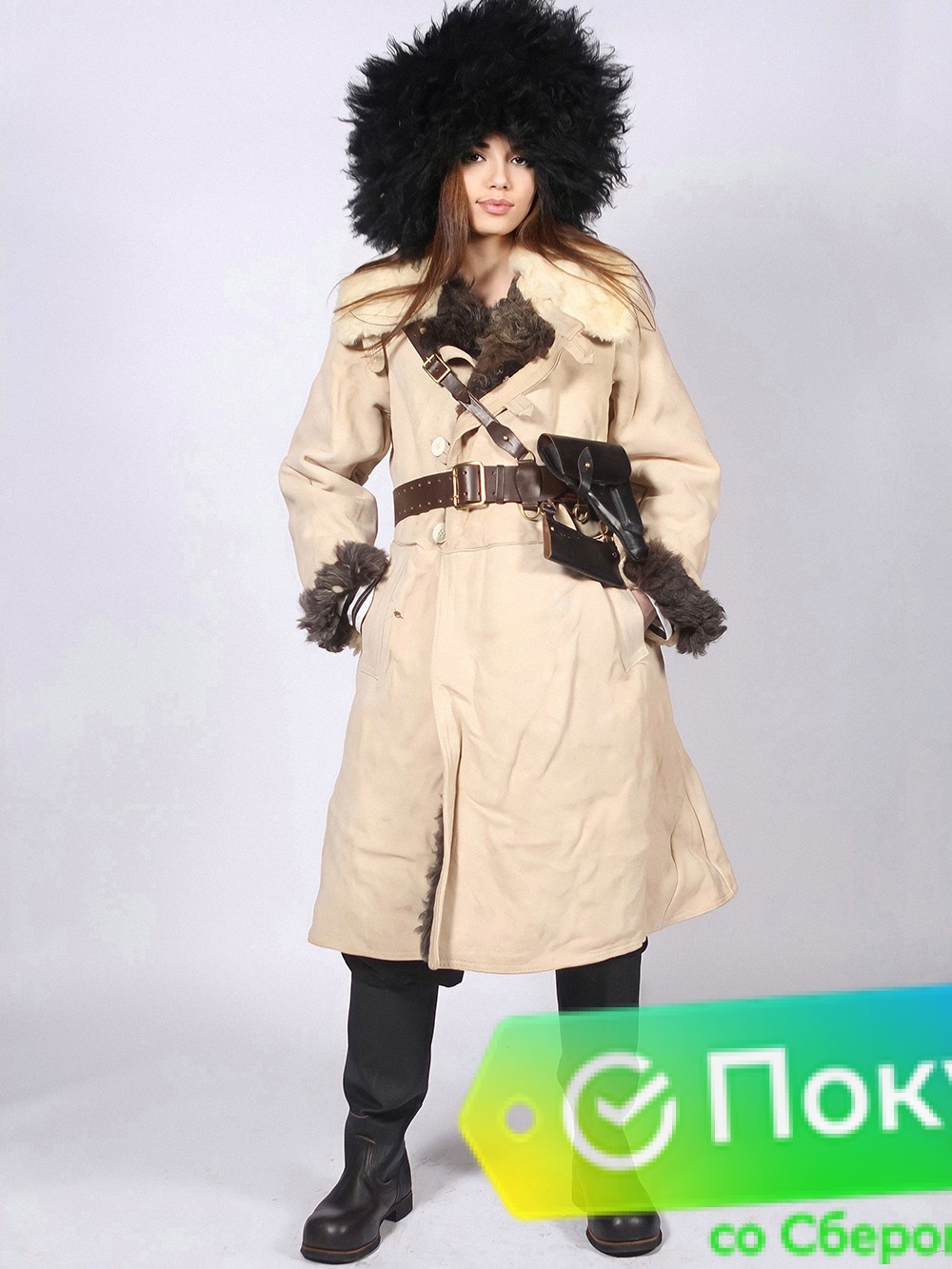 Тулуп армейский постовой караульный до колен (бекеша) белого цвета с тёмным мехом